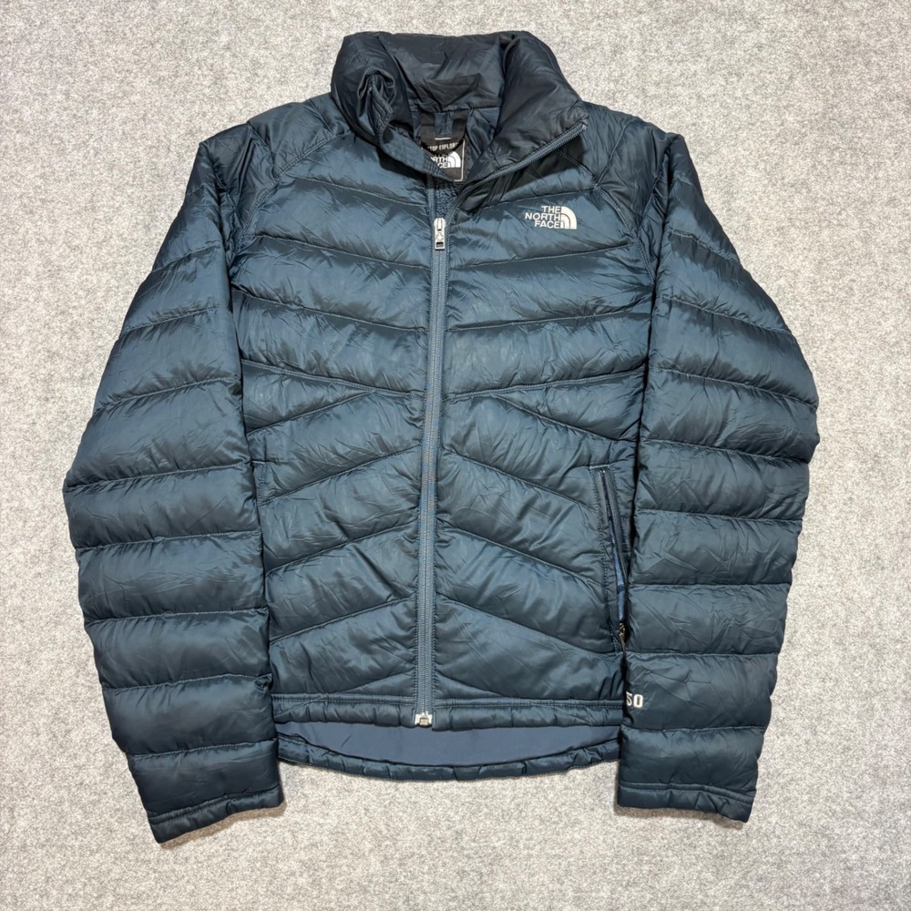 The North Face Womens 550 Down Puffer Jacket Blue Chevron Quilt Medium